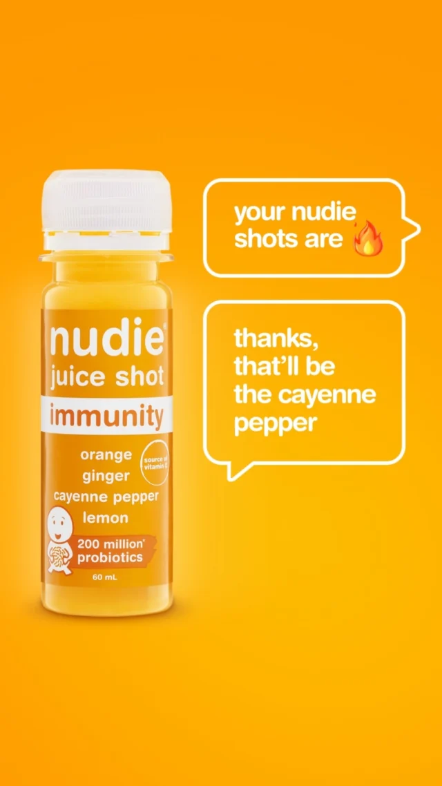 We’ve got that spice... to help keep nasty colds away! 🌶️🔥 Try our Immunity shot for a fiery hit of orange, ginger, and lemon. #nudieshots #SpicyButNice #ImmunityBoost