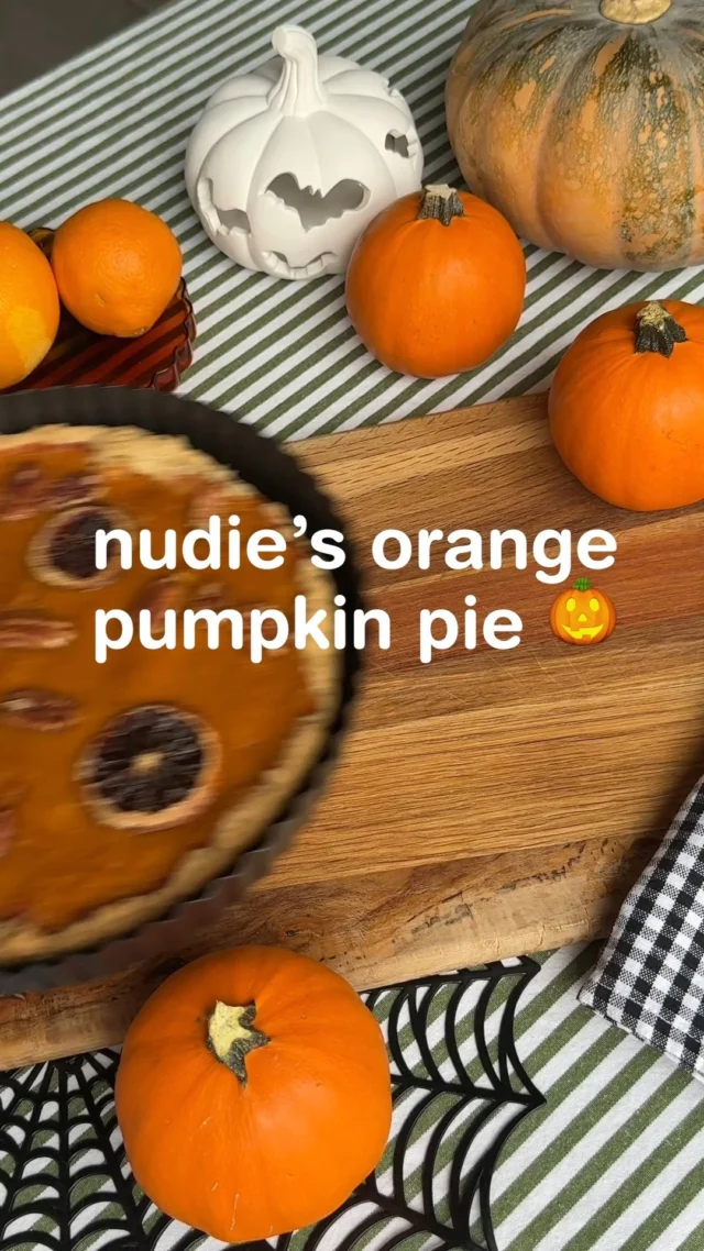 The Halloween bake you didn’t know you needed. ✨ This nudie orange pumpkin pie is our new favourite spooky season treat. Happy World Food Day, everyone! 🧡 

#nudie #baking #pumpkinpie #halloween #worldfoodday

Full recipe below:

Ingredients:
PIE CRUST:
1 1/4 cups plain flour 
2 tsp white sugar 
1/2 tsp salt
115g / 8 tbsp unsalted butter
2 1/2 tbsp ice cold water 

PUMPKIN FILLING:
2/3 cup lightly packed brown sugar
1 tsp cinnamon
1/2 tsp salt
1/2 tsp ginger
1/4 tsp nutmeg
1/2 tsp grated orange rind
2 eggs
1 1/4 cups canned or puree pumpkin
1 cup milk
1/3 cup nothing but nudie orange juice

Method:
Step 1: Preheat your oven to 180°C.
Step 2: In a bowl, combine flour, sugar, salt, cold butter, and cold water. Bring the dough together, knead lightly, then wrap in cling film and refrigerate for 30 minutes.
Step 3: Roll out the chilled pastry on a floured surface and press into a lightly greased pie tin.
Step 4: Blind bake the pastry for 15 minutes, or until lightly golden.
Step 5: In a saucepan, add pumpkin, brown sugar, spices, and salt. Cook over low heat for 5–10 minutes, stirring until the sugar dissolves and the mixture is fragrant.
Step 6: Remove from heat and let cool slightly. Then stir in orange juice, orange rind, eggs, and milk. Whisk until smooth, pour into your pre-baked crust, and top with pecans and slices of orange.
Step 7: Bake for 40 minutes, or until the filling is set. Allow the pie to cool completely before serving.
Step 8: Serve with a dollop of fresh cream and enjoy!